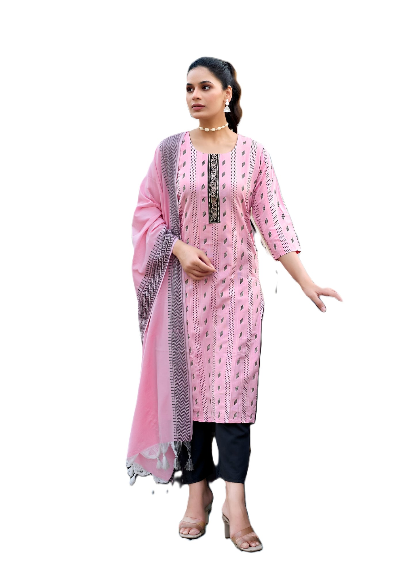 Women's Cotton Blend Three Piece Kurta Set Traditional Indian Style, 3/4 Sleeve Length