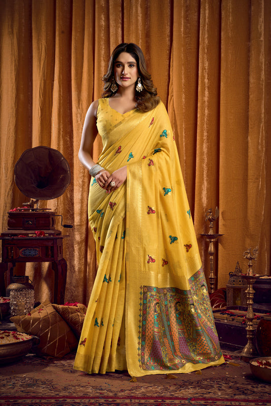 Saree with Golden Border and Butterfly Embroidery, Traditional Indian Ethnic Wear for Women with blouse piece (Yellow).