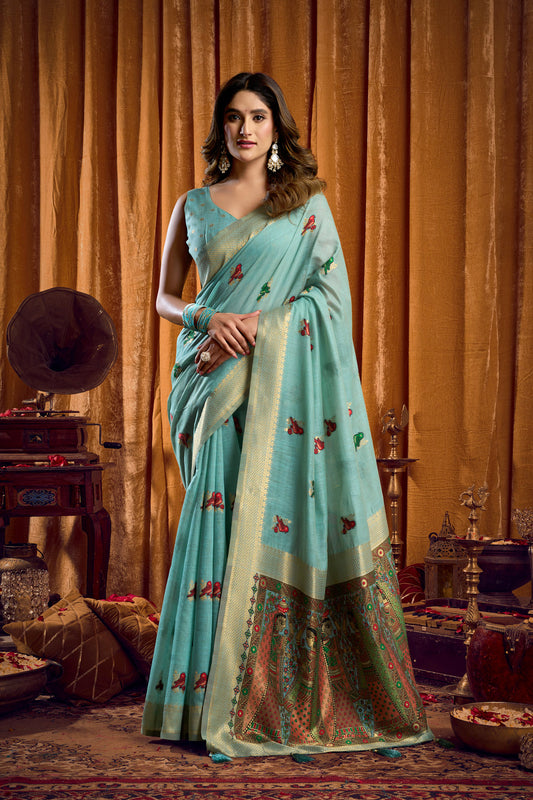 Saree with Golden Border and Butterfly Embroidery, Traditional Indian Ethnic Wear for Women with blouse piece (Aqua Green).