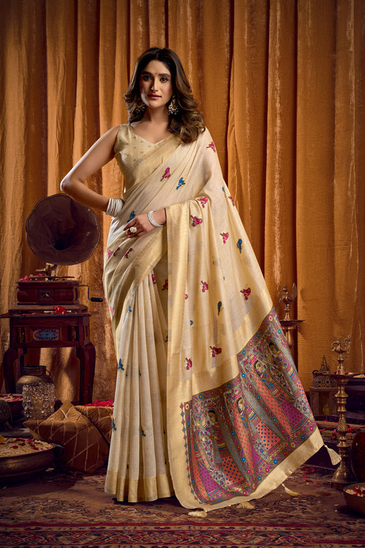 Saree with Golden Border and Butterfly Embroidery, Traditional Indian Ethnic Wear for Women with blouse piece (Beige).