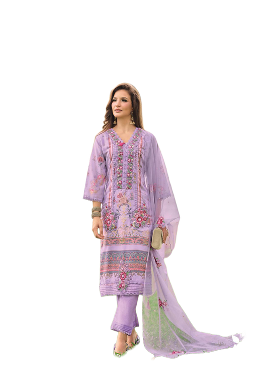 Luxury Salwar Kameez Set, Embroidered Cotton Kurta with Dupatta and Pants, Traditional 3-Piece Ethnic Wear with Floral Embellishments (PURPLE)