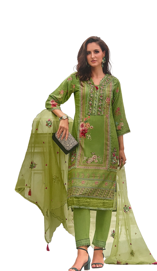 Luxury Salwar Kameez Set, Embroidered Cotton Kurta with Dupatta and Pants, Traditional 3-Piece Ethnic Wear with Floral Embellishments (GREEN)