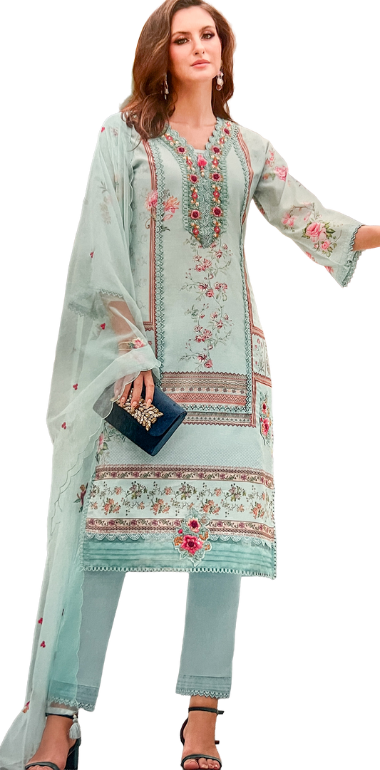 Luxury Salwar Kameez Set, Embroidered Cotton Kurta with Dupatta and Pants, Traditional 3-Piece Ethnic Wear with Floral Embellishments (LIGHT BLUE)