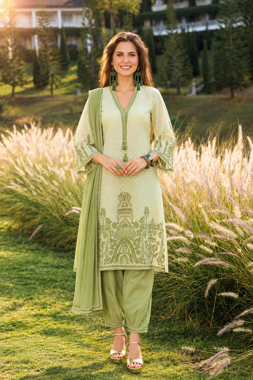 Rose Lily Embroidered 3-Piece Kurta Set - Green
