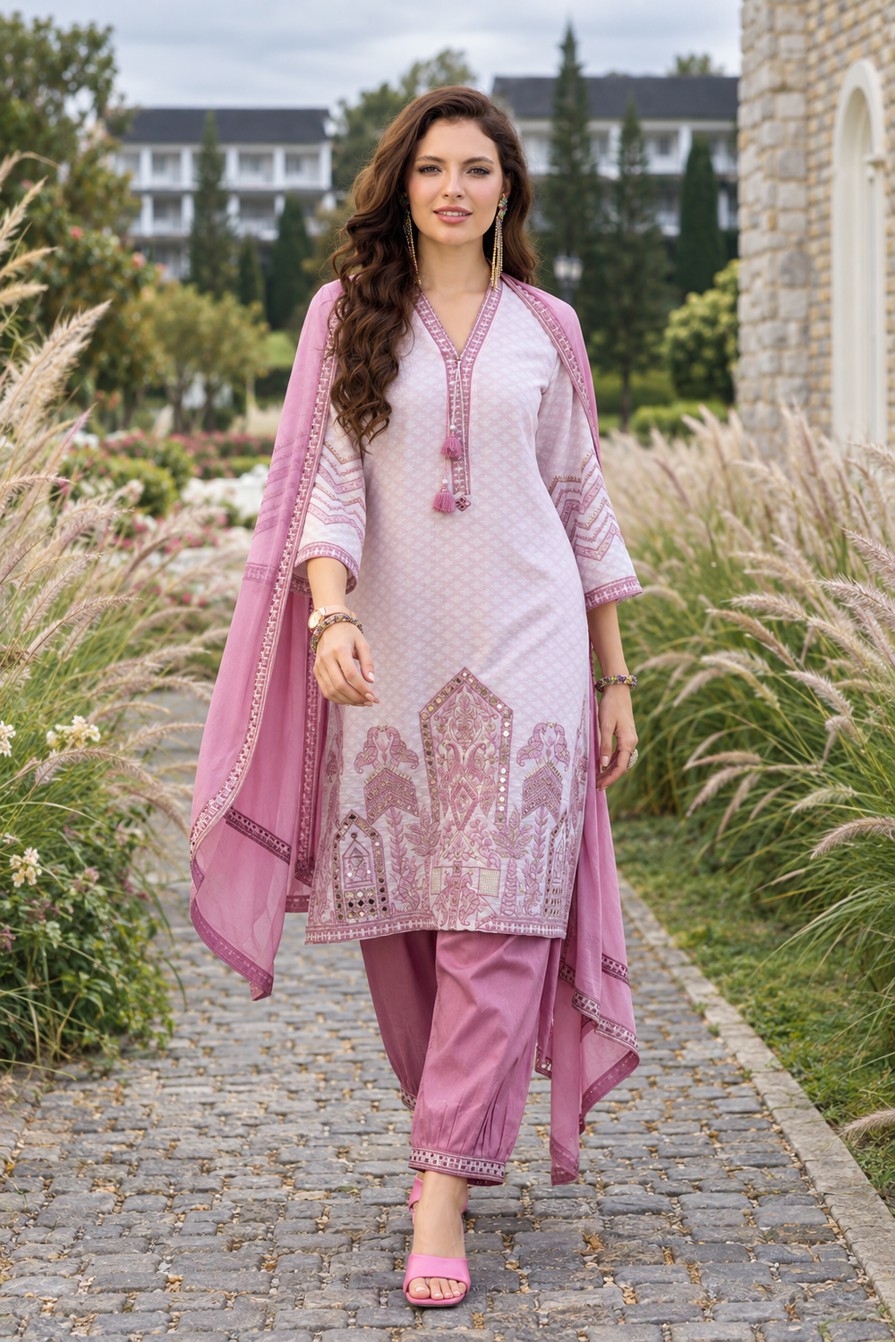 Rose Lily Embroidered 3-Piece Kurta Set - Pink