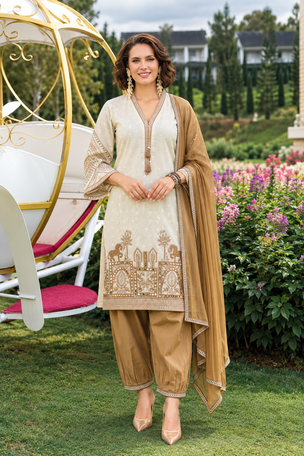 Rose Lily Embroidered 3-Piece Kurta Set - Gold