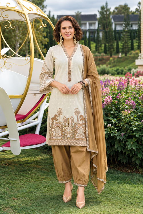 Rose Lily Embroidered 3-Piece Kurta Set - Gold