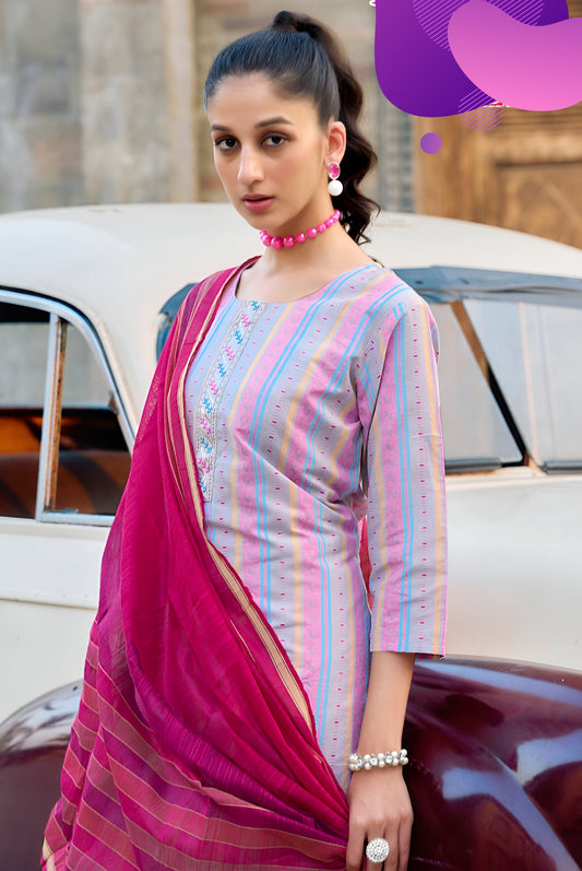 Women's Cotton Striped Kurta Set with Pants, Light Blue, Embroidered, 3 Piece Traditional Ethnic Wear