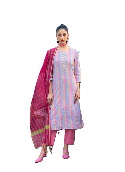 Women's Cotton Striped Kurta Set with Pants, Light Blue, Embroidered, 3 Piece Traditional Ethnic Wear