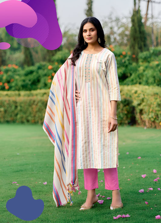 Women's Cotton Striped Kurta Set with Pants, Light Blue, Embroidered, 3 Piece Traditional Ethnic Wear