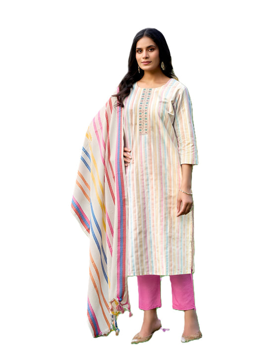 Women's Cotton Striped Kurta Set with Pants, Light Blue, Embroidered, 3 Piece Traditional Ethnic Wear