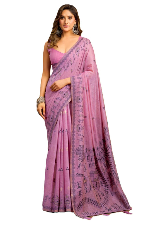 Rose Lily clothing Women's Saree with Traditional Printed Border, Pallu and Blouse piece (PURPLE).
