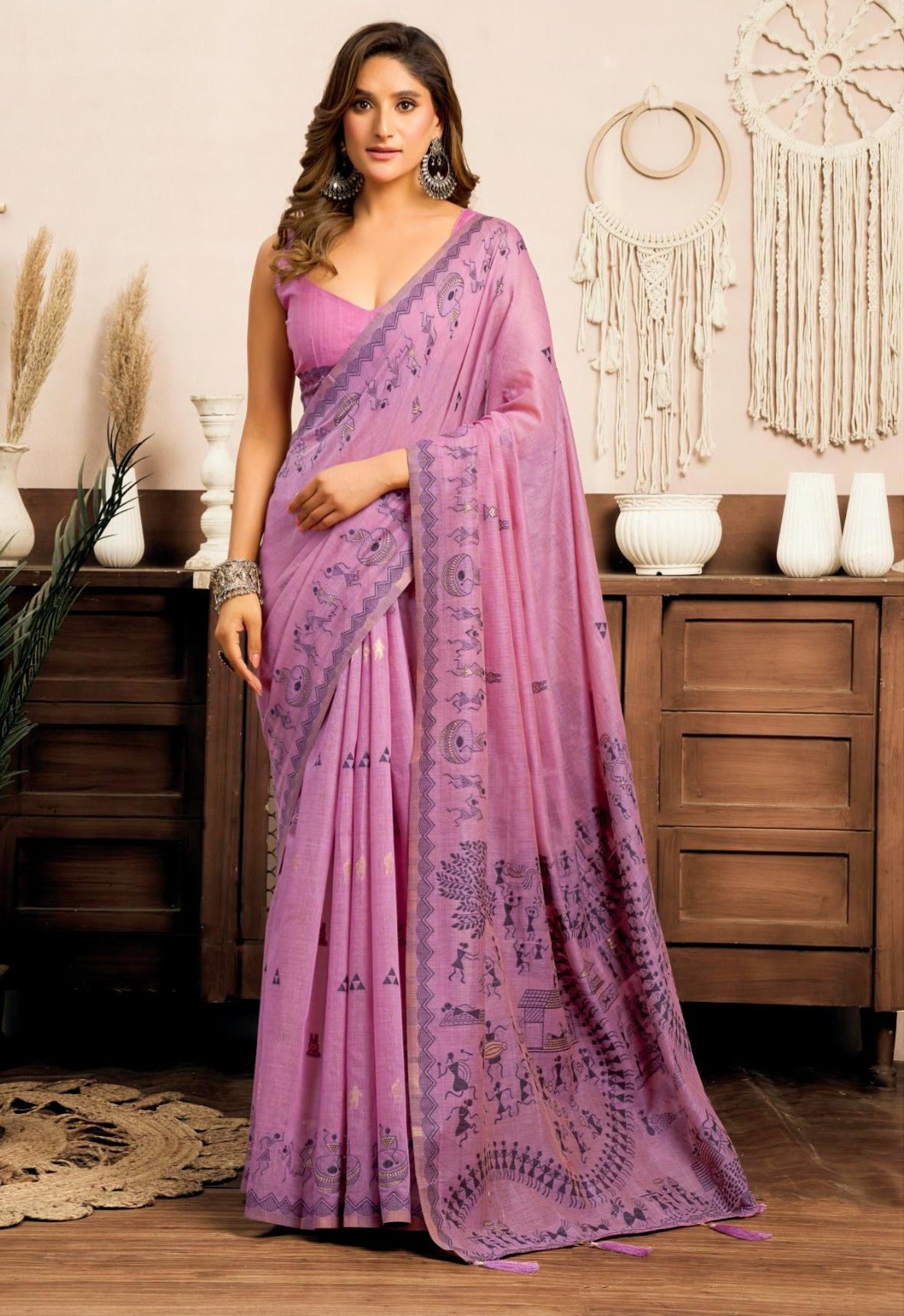 Rose Lily clothing Women's Saree with Traditional Printed Border, Pallu and Blouse piece (PURPLE).
