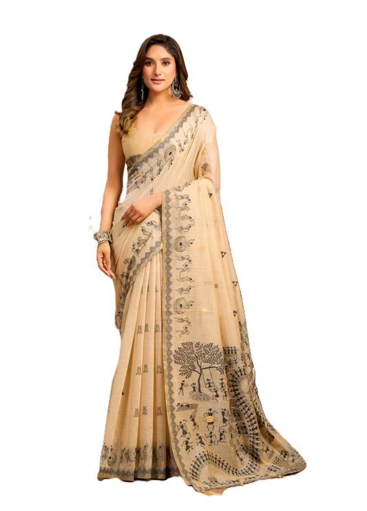 Rose Lily clothing Women's Saree with Traditional Printed Border, Pallu and Blouse piece. (BEIGE)