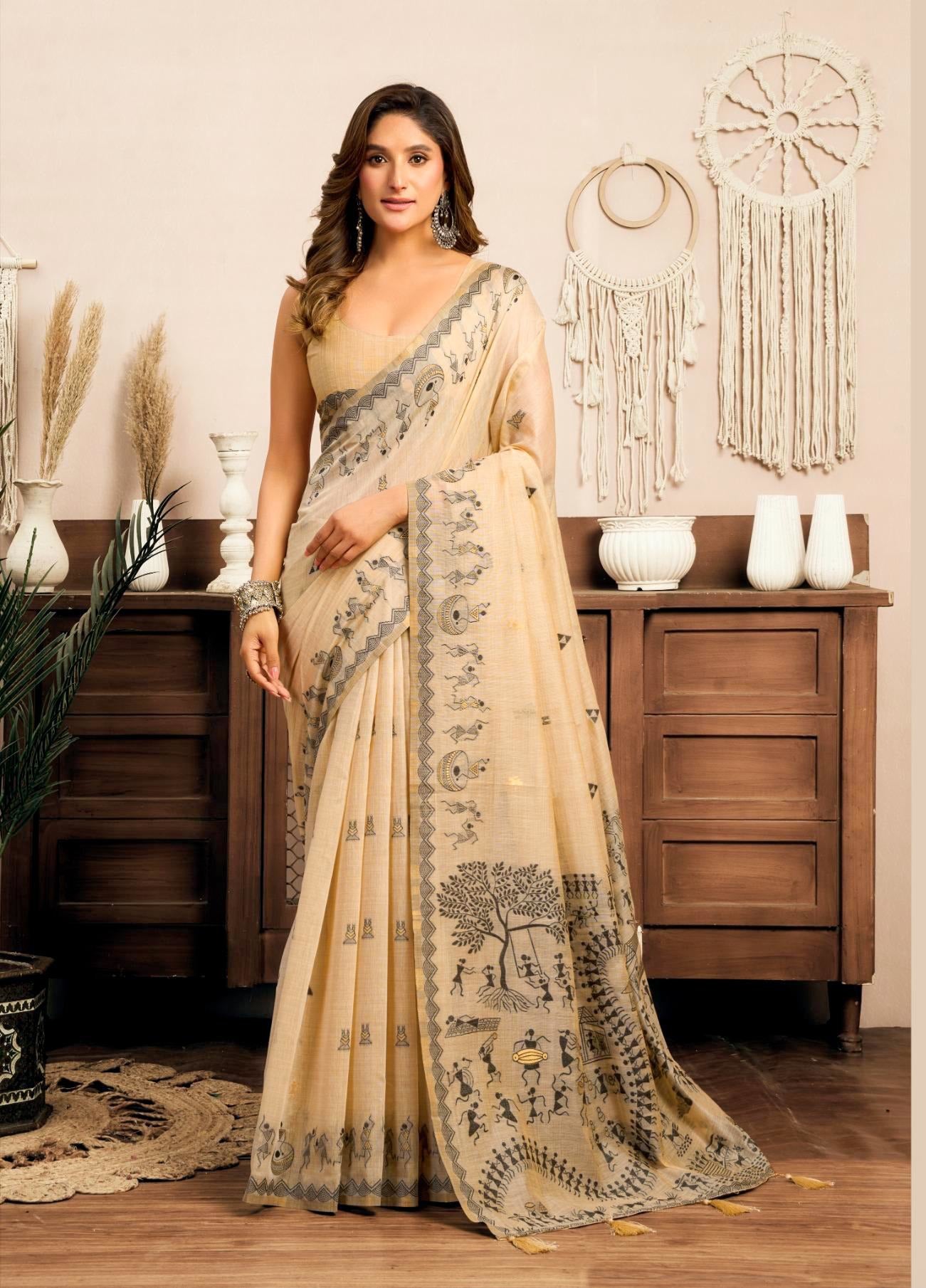 Rose Lily clothing Women's Saree with Traditional Printed Border, Pallu and Blouse piece. (BEIGE)