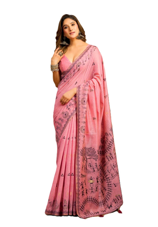 Rose Lily clothing Women's Saree with Traditional Printed Border, Pallu and Blouse piece (PINK).