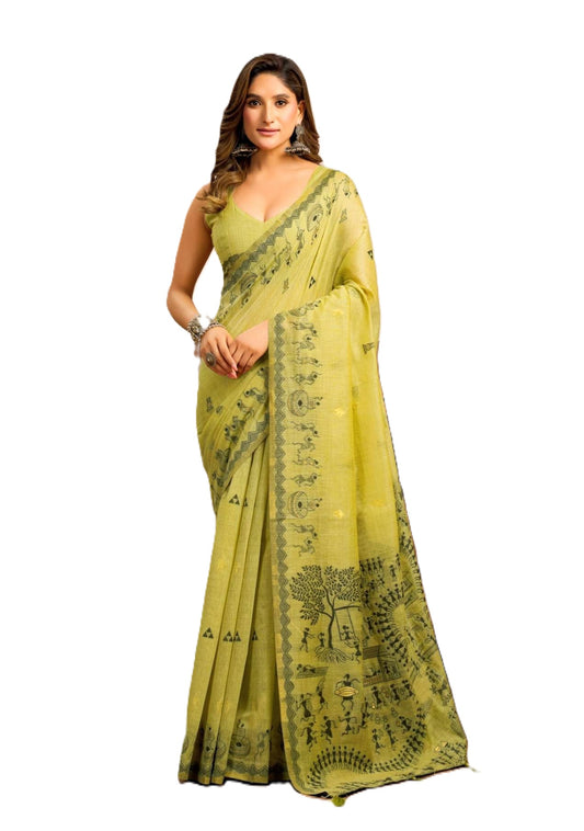Rose Lily clothing Women's Saree with Traditional Printed Border, Pallu and Blouse piece (OLIVE GREEN).