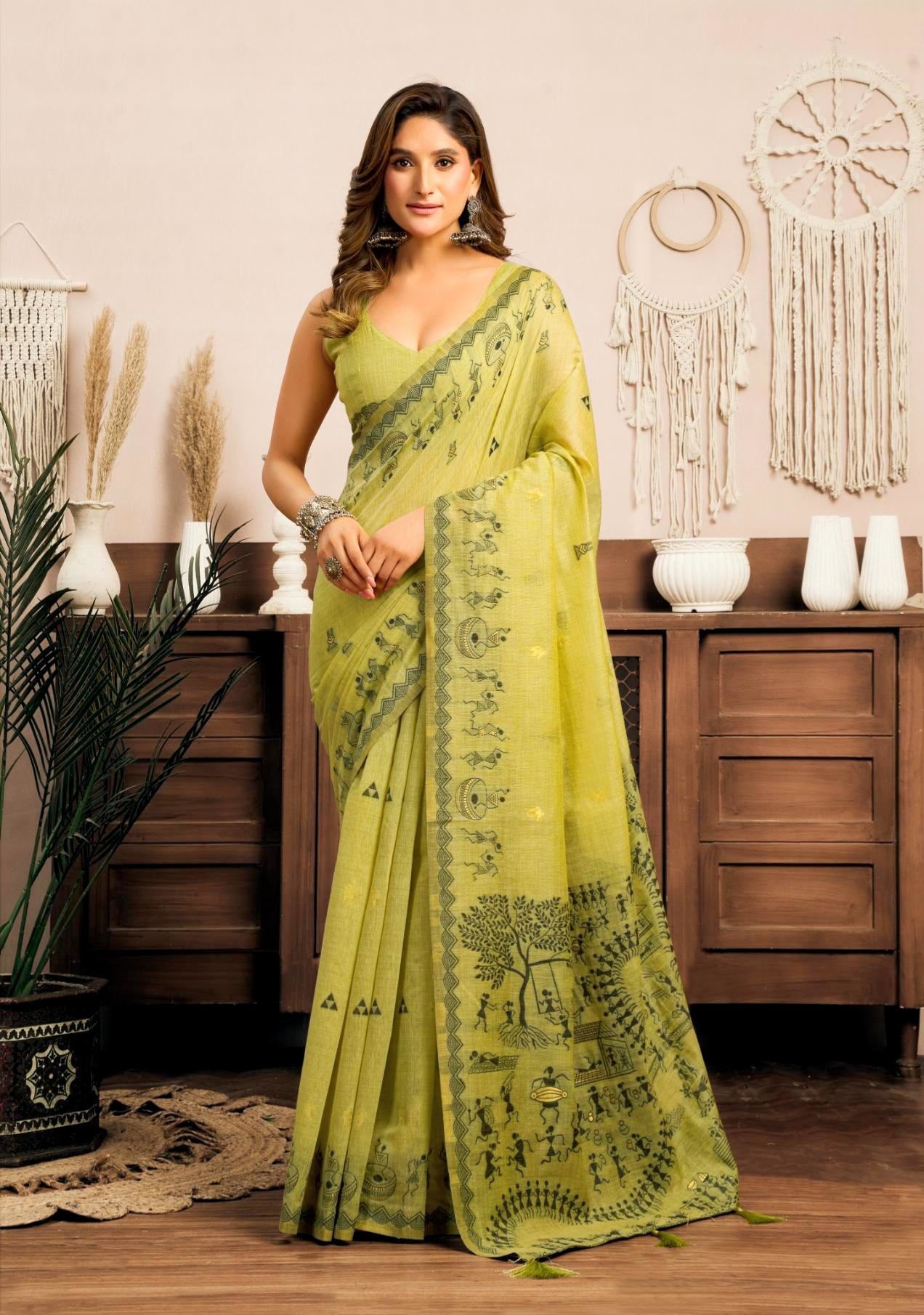 Rose Lily clothing Women's Saree with Traditional Printed Border, Pallu and Blouse piece (OLIVE GREEN).