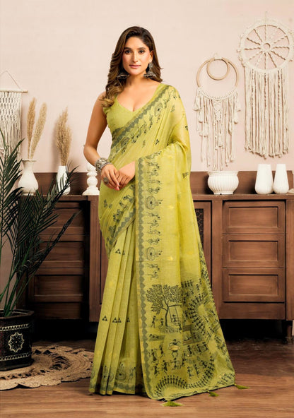 Rose Lily clothing Women's Saree with Traditional Printed Border, Pallu and Blouse piece (OLIVE GREEN).