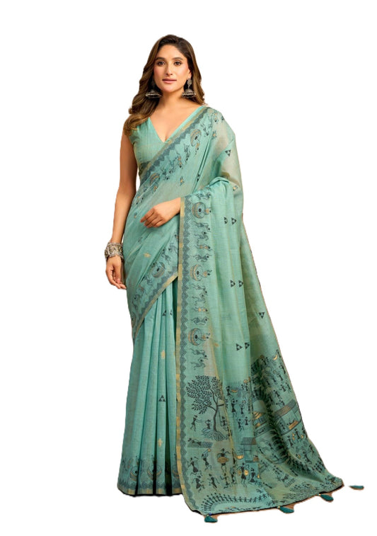 Rose Lily clothing Women's Saree with Traditional Printed Border, Pallu and Blouse piece (AQUA GREEN).