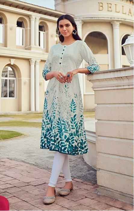 Women's Cotton Kurti Dress with Leaf Print, 3/4 Sleeves, White and Turquoise, Button Front