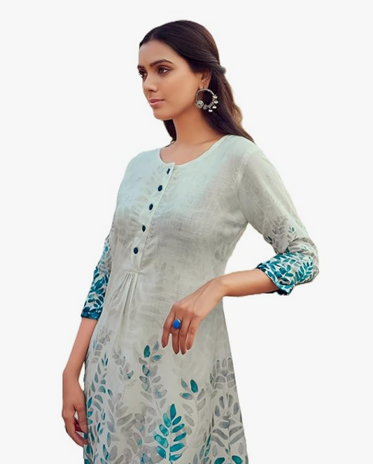 Women's Cotton Kurti Dress with Leaf Print, 3/4 Sleeves, White and Turquoise, Button Front