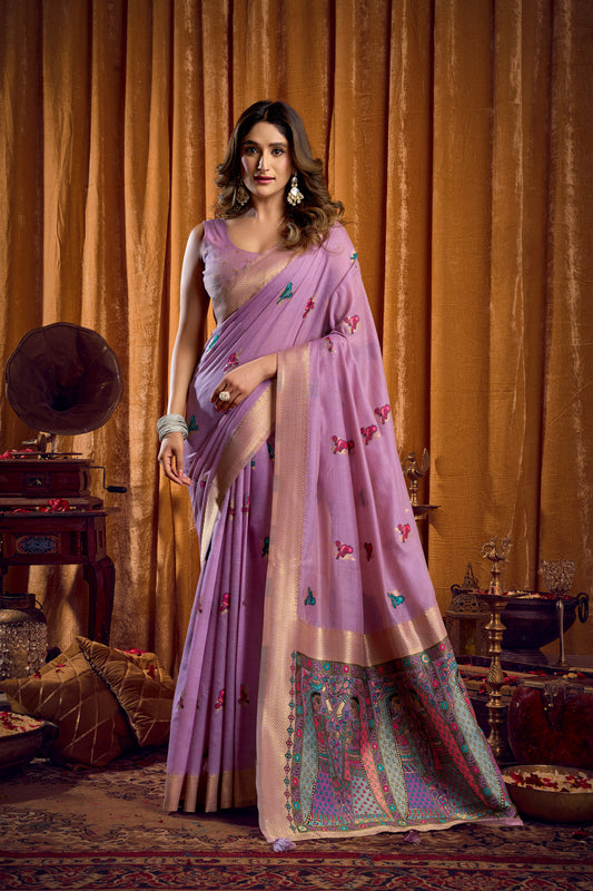 Saree with Golden Border and Butterfly Embroidery, Traditional Indian Ethnic Wear for Women with blouse piece (Lavender).