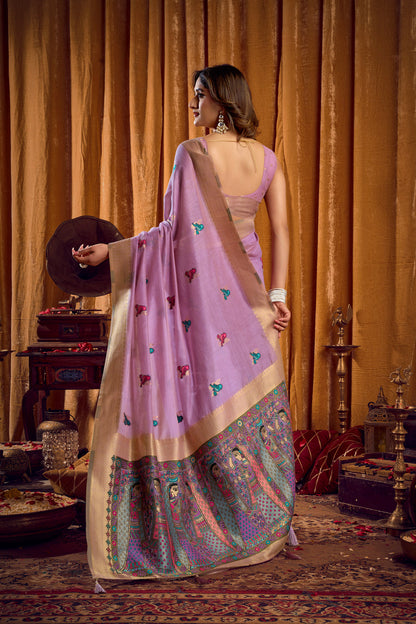 Saree with Golden Border and Butterfly Embroidery, Traditional Indian Ethnic Wear for Women with blouse piece (Lavender).