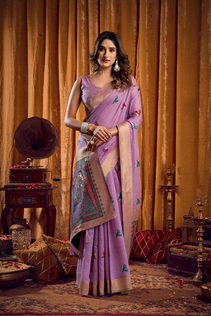 Saree with Golden Border and Butterfly Embroidery, Traditional Indian Ethnic Wear for Women with blouse piece (Lavender).