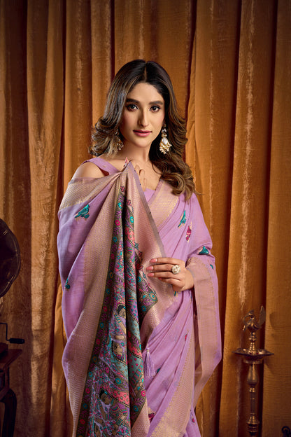 Saree with Golden Border and Butterfly Embroidery, Traditional Indian Ethnic Wear for Women with blouse piece (Lavender).