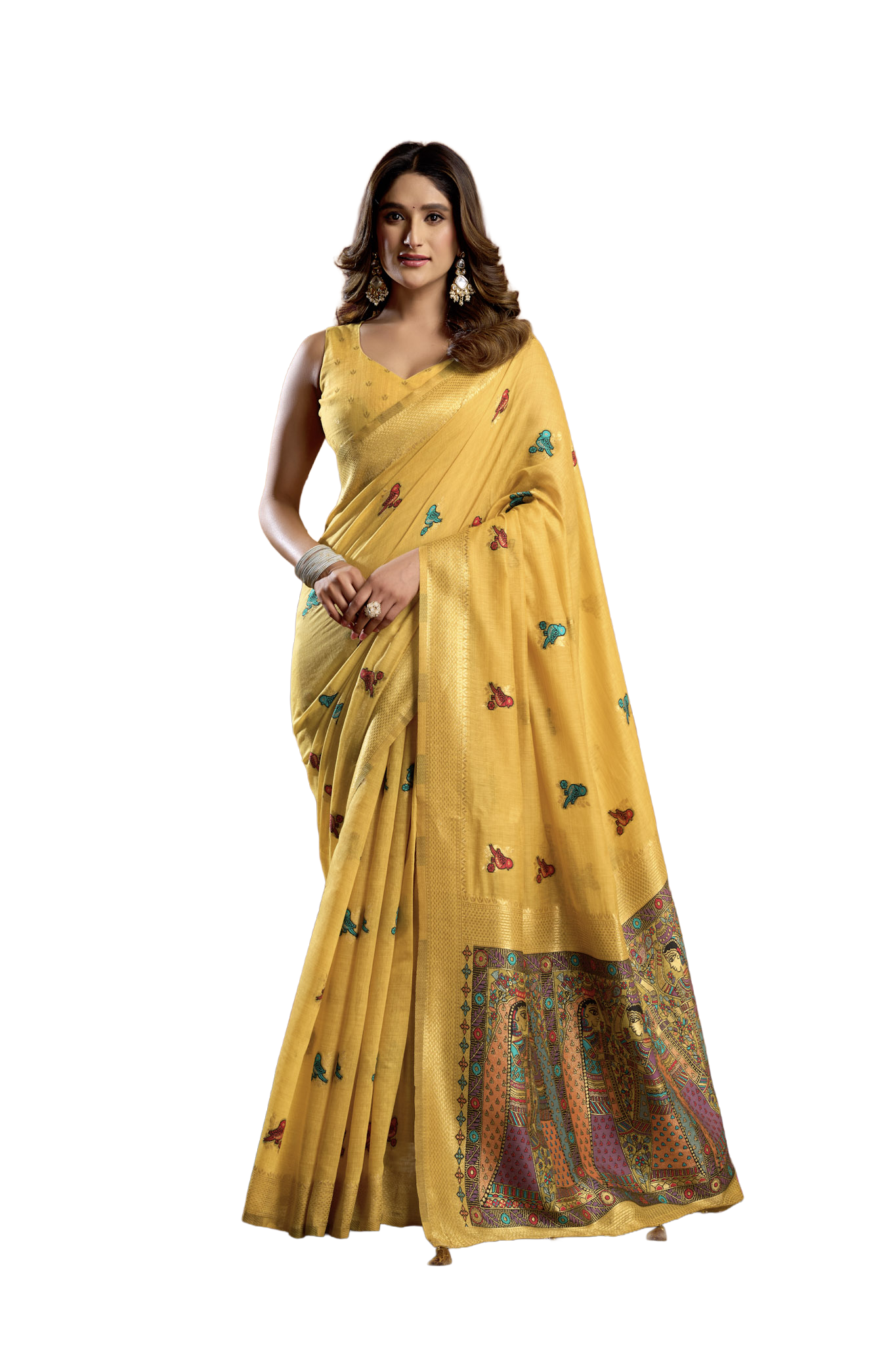 Saree with Golden Border and Butterfly Embroidery, Traditional Indian Ethnic Wear for Women with blouse piece (Yellow).