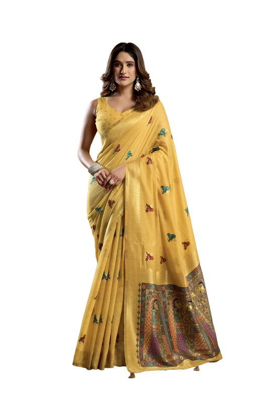 Saree with Golden Border and Butterfly Embroidery, Traditional Indian Ethnic Wear for Women with blouse piece (Yellow).