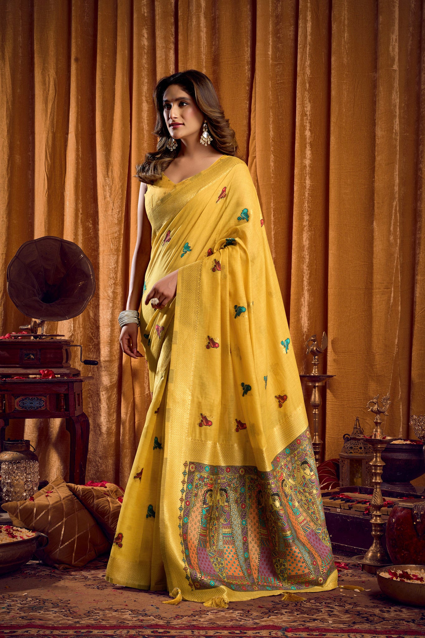 Saree with Golden Border and Butterfly Embroidery, Traditional Indian Ethnic Wear for Women with blouse piece (Yellow).