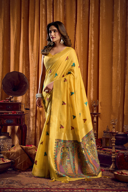 Saree with Golden Border and Butterfly Embroidery, Traditional Indian Ethnic Wear for Women with blouse piece (Yellow).
