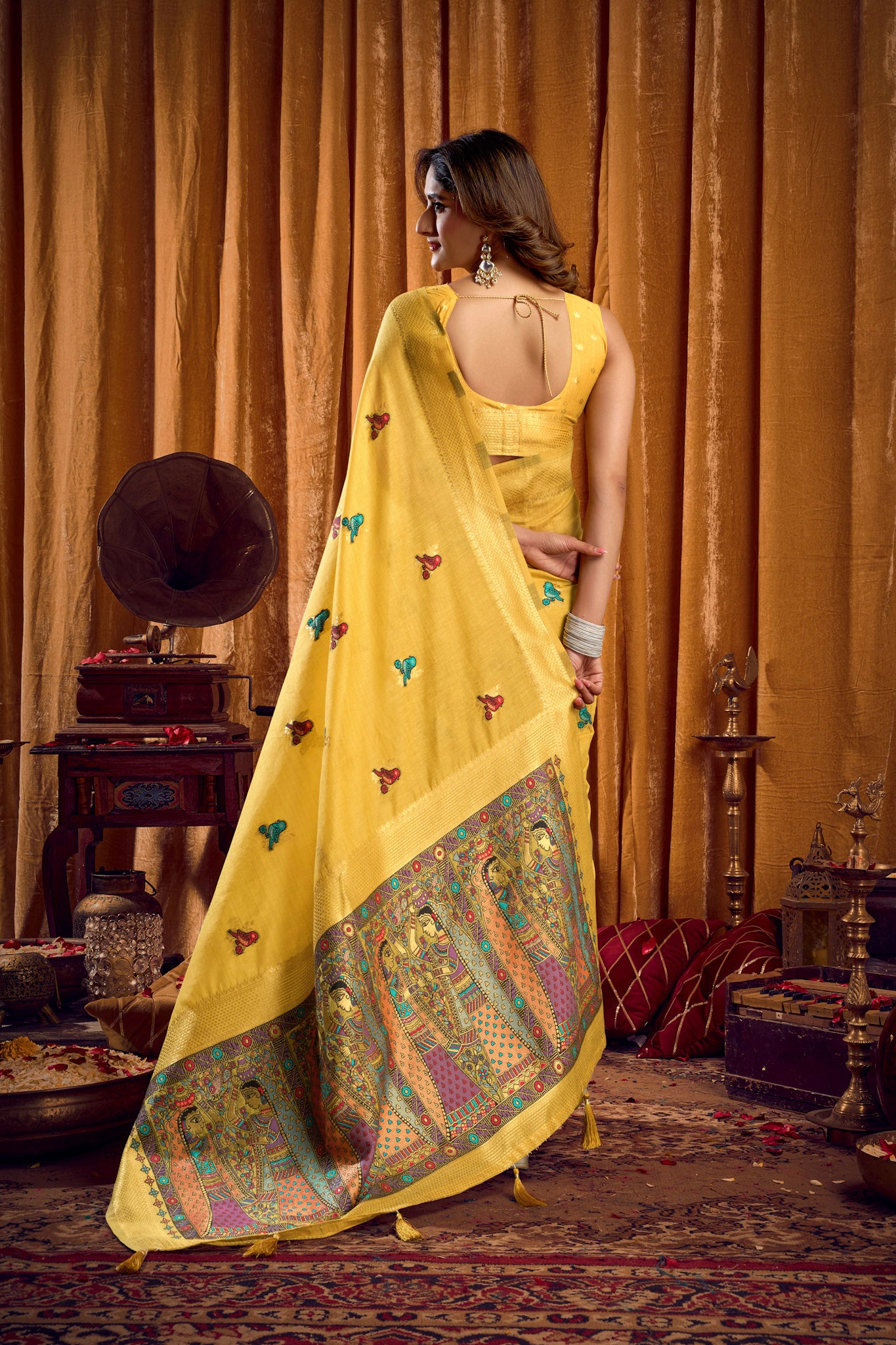 Saree with Golden Border and Butterfly Embroidery, Traditional Indian Ethnic Wear for Women with blouse piece (Yellow).