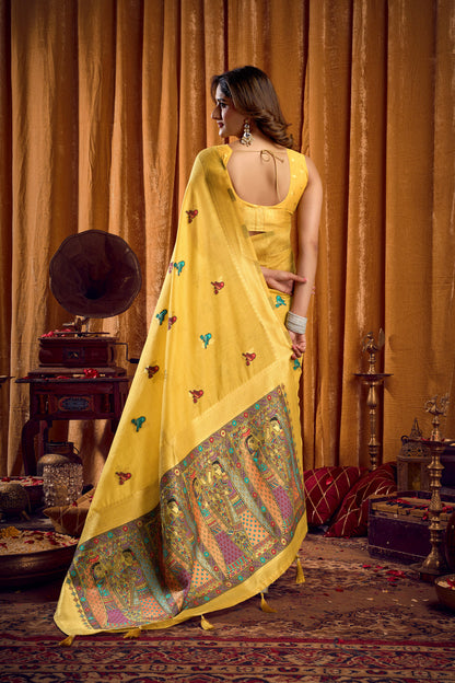 Saree with Golden Border and Butterfly Embroidery, Traditional Indian Ethnic Wear for Women with blouse piece (Yellow).