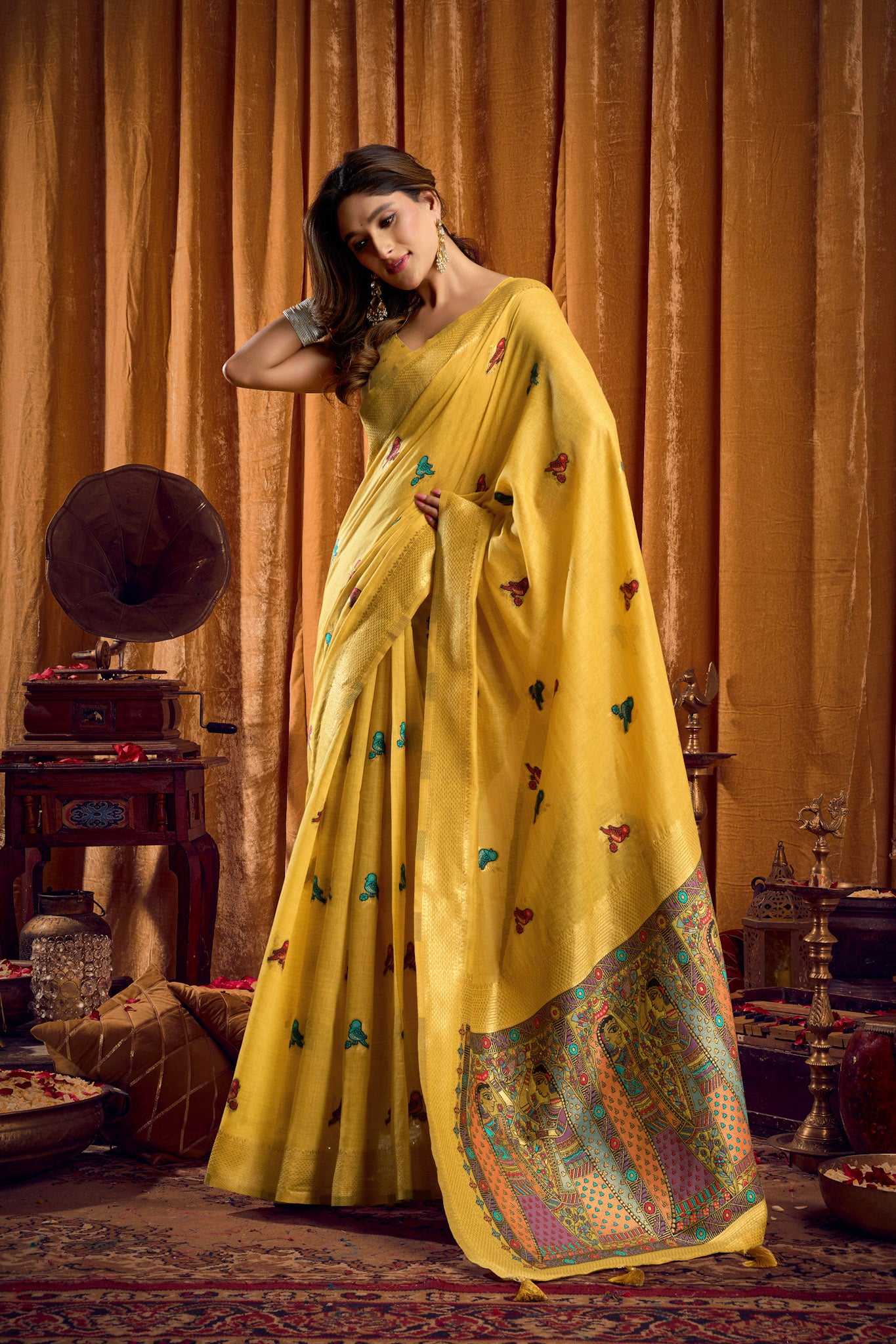 Saree with Golden Border and Butterfly Embroidery, Traditional Indian Ethnic Wear for Women with blouse piece (Yellow).