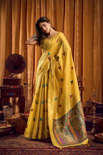 Saree with Golden Border and Butterfly Embroidery, Traditional Indian Ethnic Wear for Women with blouse piece (Yellow).