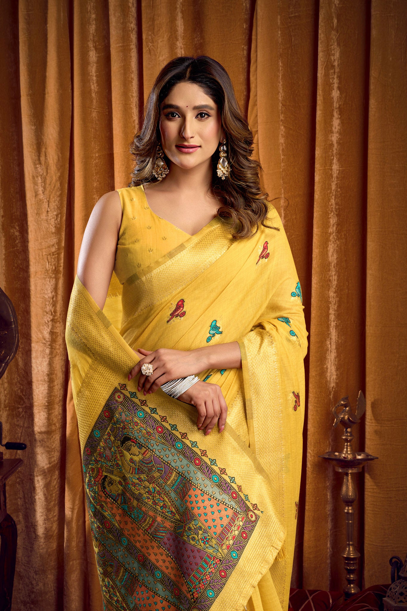 Saree with Golden Border and Butterfly Embroidery, Traditional Indian Ethnic Wear for Women with blouse piece (Yellow).