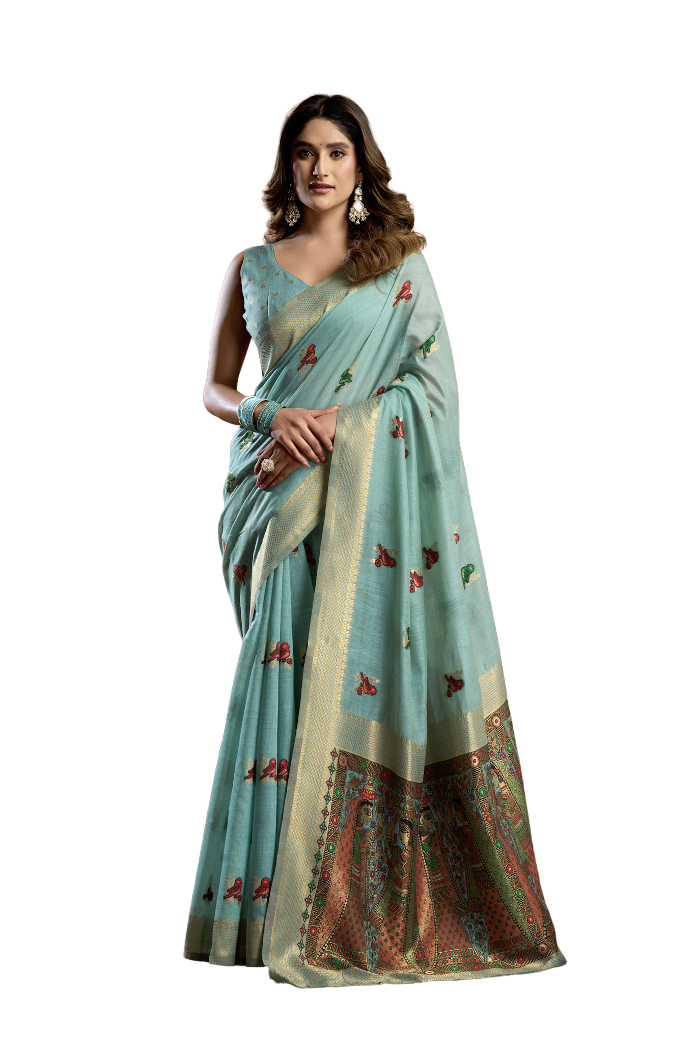 Saree with Golden Border and Butterfly Embroidery, Traditional Indian Ethnic Wear for Women with blouse piece (Aqua Green).