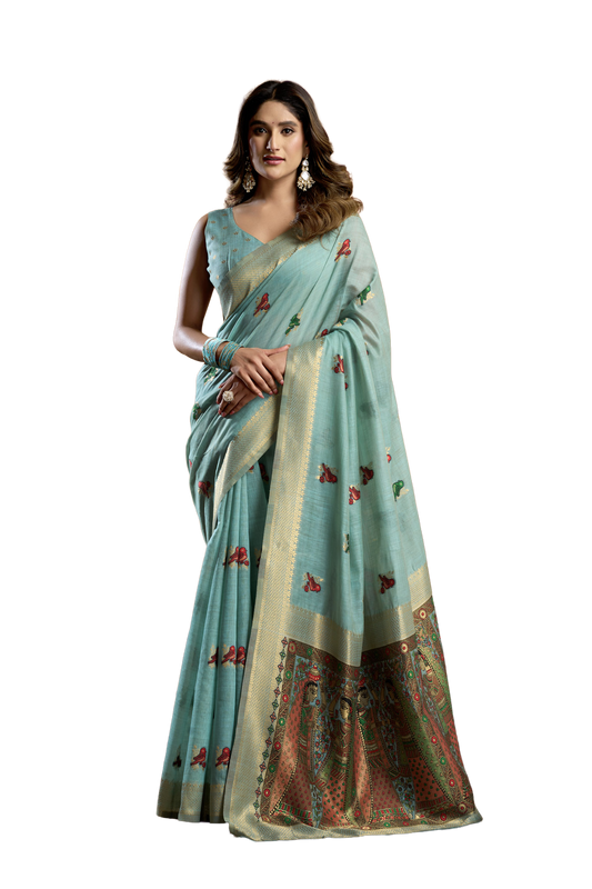 Saree with Golden Border and Butterfly Embroidery, Traditional Indian Ethnic Wear for Women with blouse piece (Aqua Green).