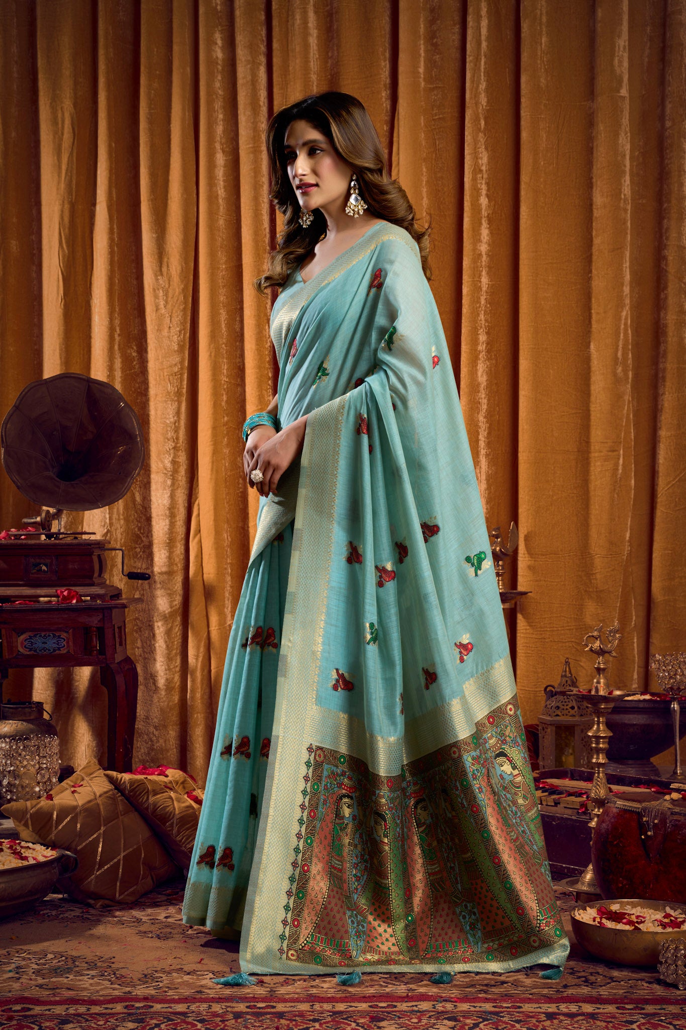 Saree with Golden Border and Butterfly Embroidery, Traditional Indian Ethnic Wear for Women with blouse piece (Aqua Green).