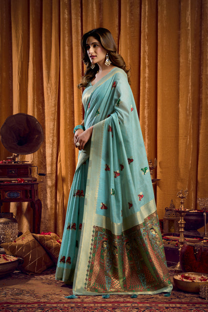Saree with Golden Border and Butterfly Embroidery, Traditional Indian Ethnic Wear for Women with blouse piece (Aqua Green).