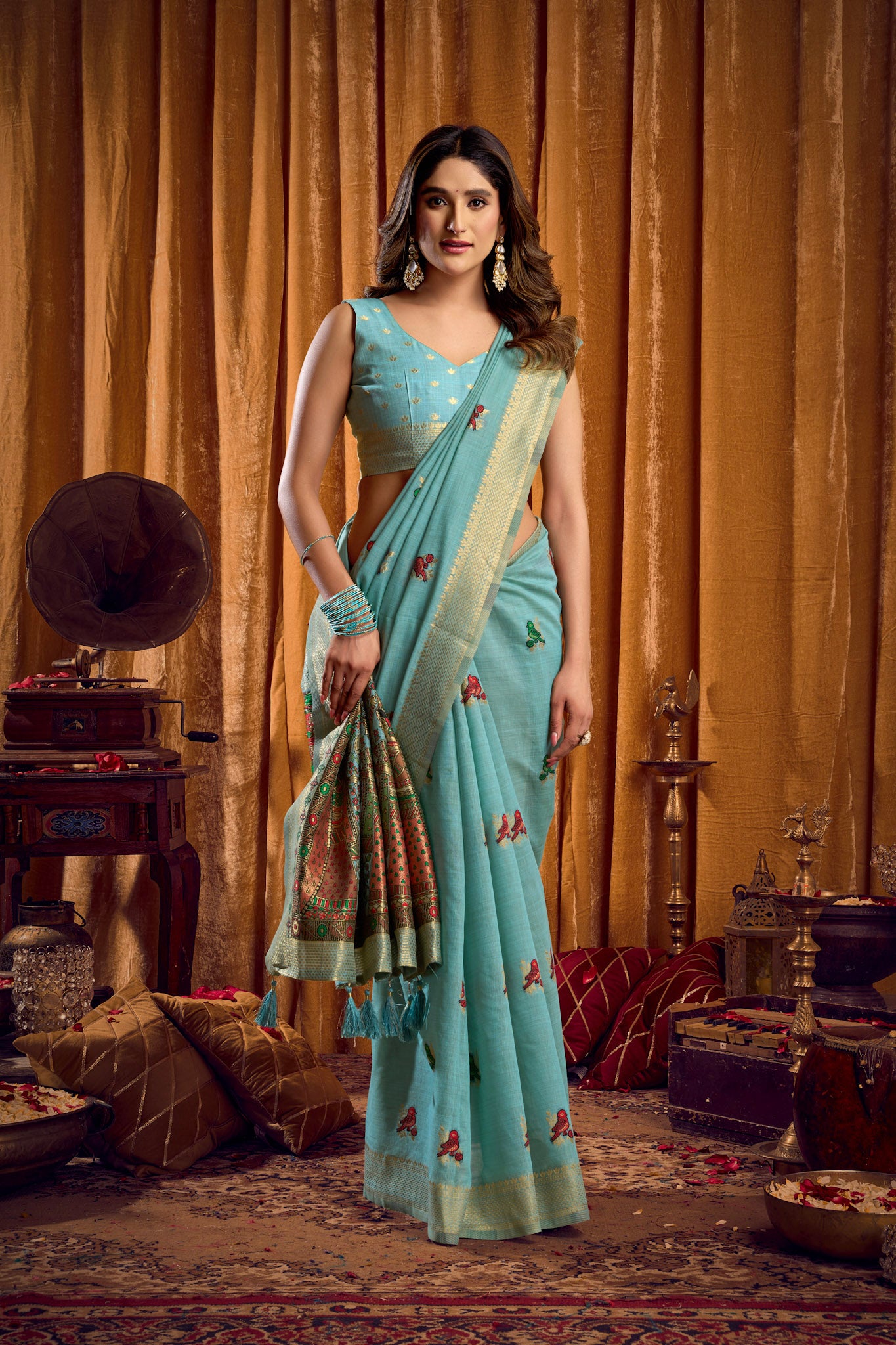 Saree with Golden Border and Butterfly Embroidery, Traditional Indian Ethnic Wear for Women with blouse piece (Aqua Green).