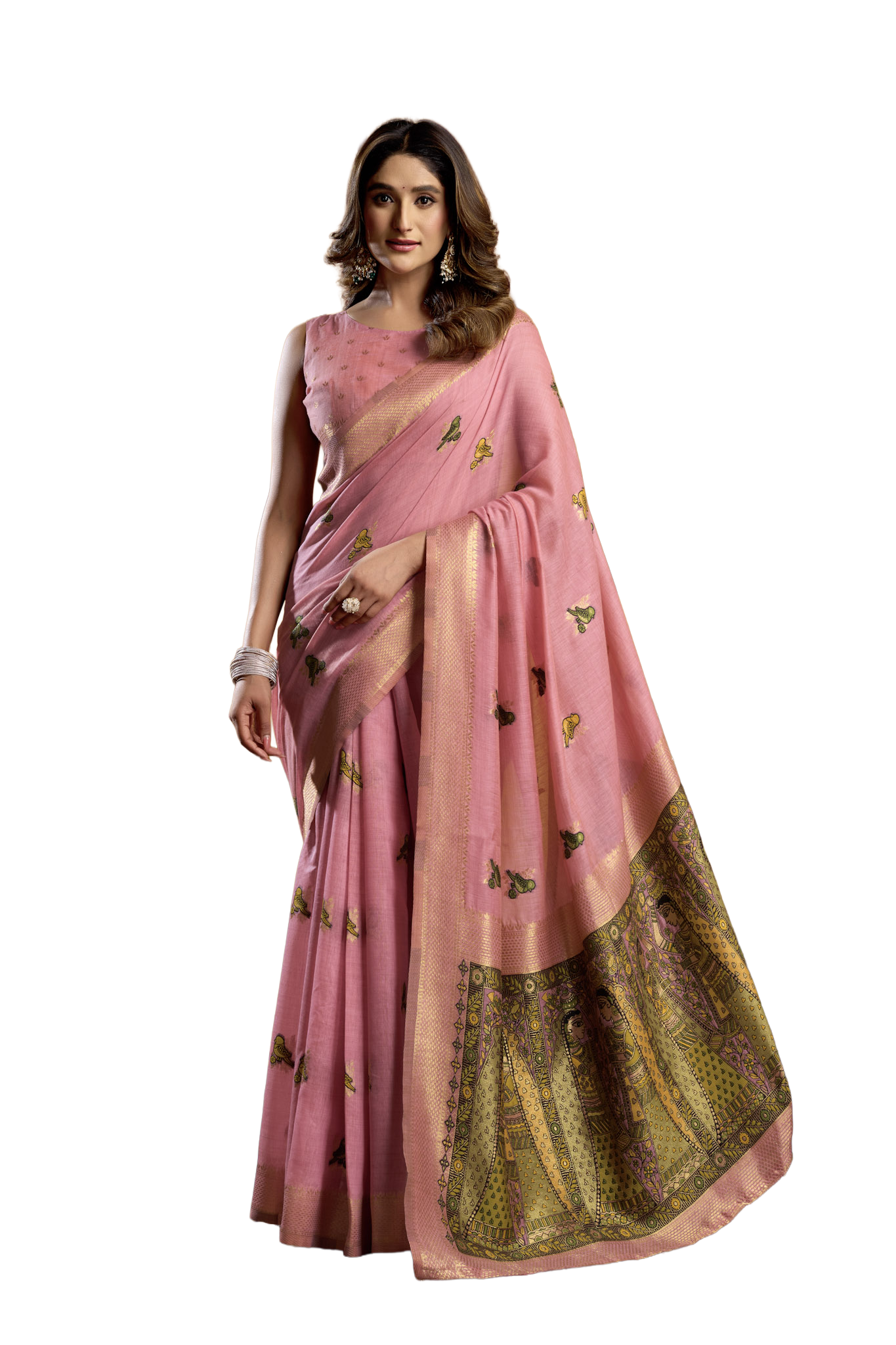 Saree with Golden Border and Butterfly Embroidery, Traditional Indian Ethnic Wear for Women with blouse piece (Pink).