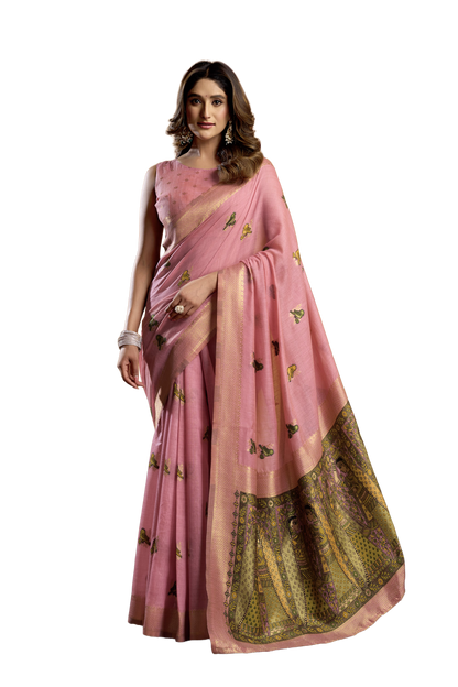 Saree with Golden Border and Butterfly Embroidery, Traditional Indian Ethnic Wear for Women with blouse piece (Pink).