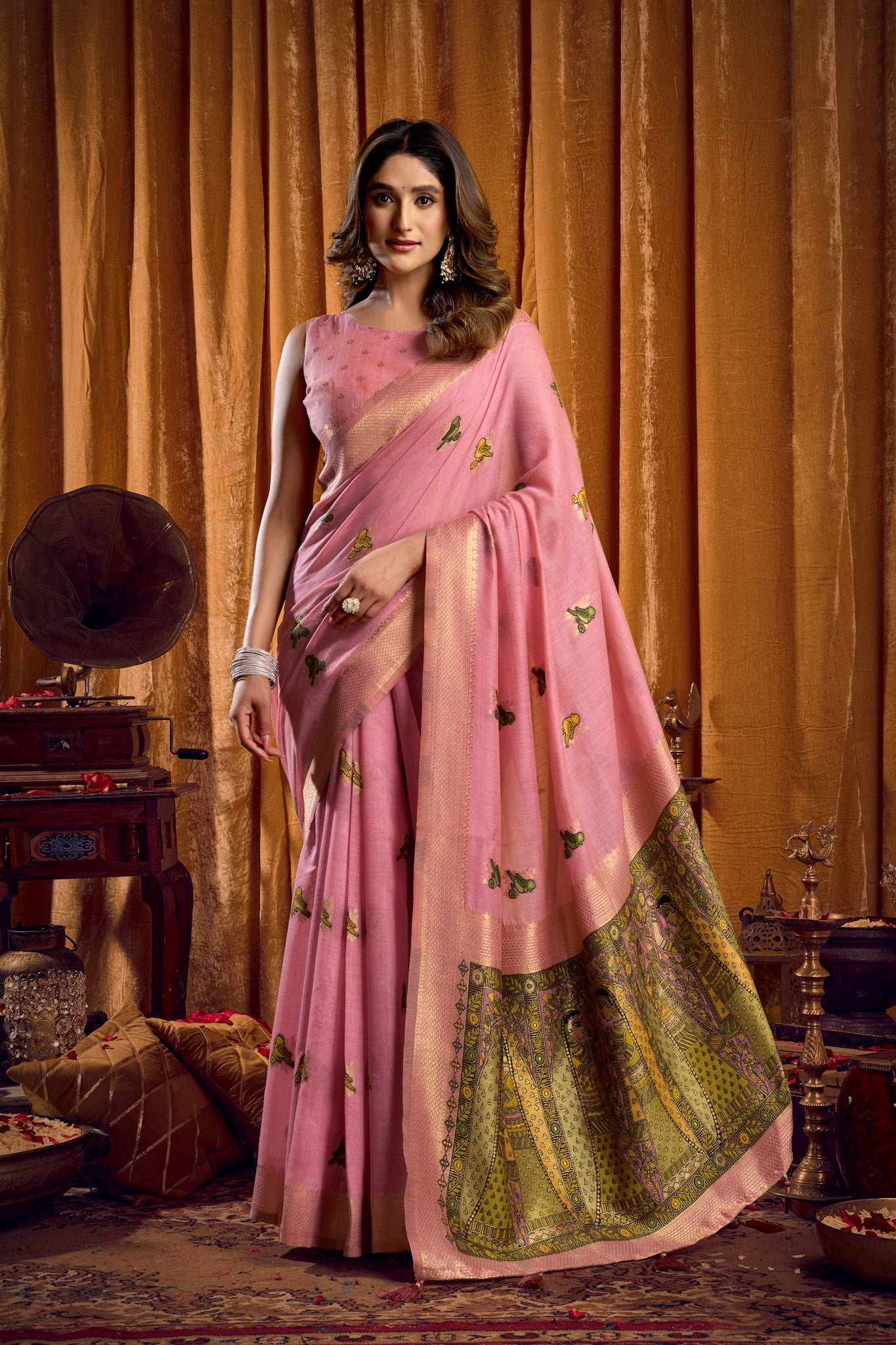 Saree with Golden Border and Butterfly Embroidery, Traditional Indian Ethnic Wear for Women with blouse piece (Pink).