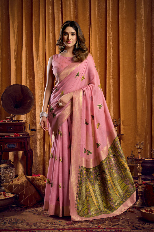 Saree with Golden Border and Butterfly Embroidery, Traditional Indian Ethnic Wear for Women with blouse piece (Pink).