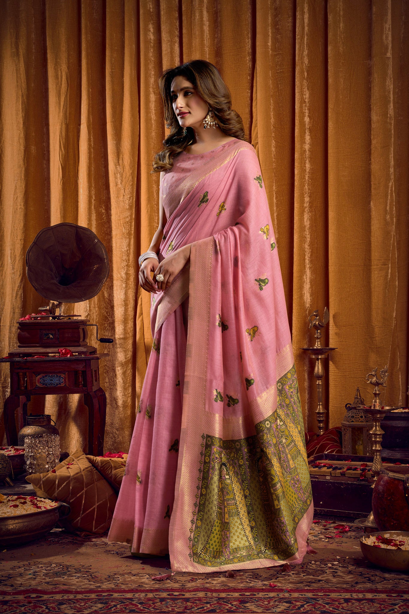Saree with Golden Border and Butterfly Embroidery, Traditional Indian Ethnic Wear for Women with blouse piece (Pink).
