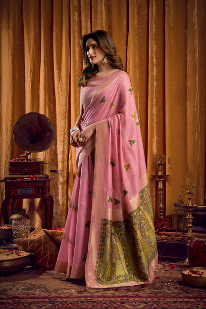 Saree with Golden Border and Butterfly Embroidery, Traditional Indian Ethnic Wear for Women with blouse piece (Pink).